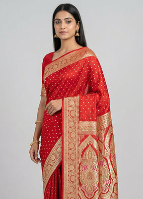 Maroon Handloom Banarasi Pure Silk Saree With Blouse Piece