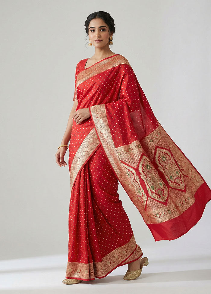 Red Handloom Banarasi Pure Silk Saree With Blouse Piece