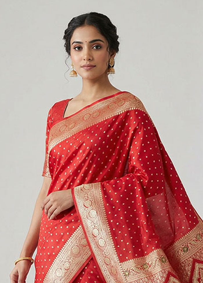 Red Handloom Banarasi Pure Silk Saree With Blouse Piece