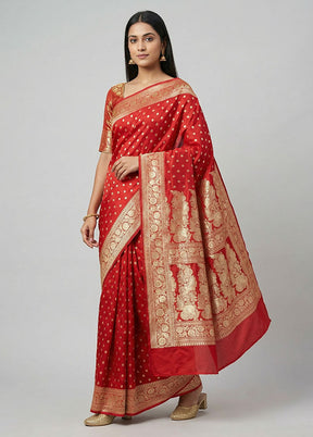 Red Handloom Banarasi Pure Silk Saree With Blouse Piece