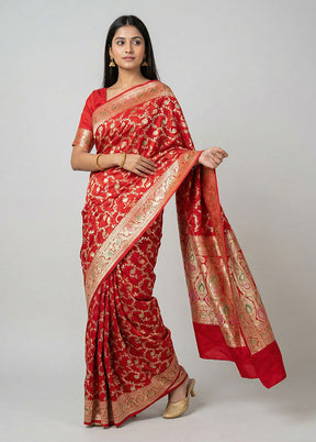 Red Handloom Banarasi Pure Silk Saree With Blouse Piece