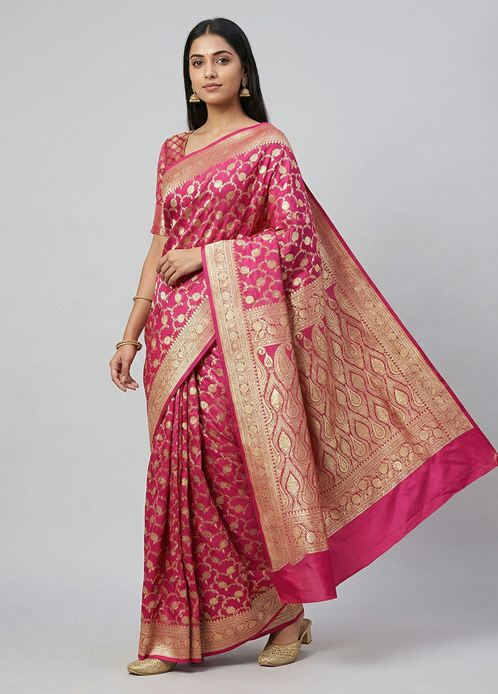 Pink Handloom Banarasi Pure Silk Saree With Blouse Piece