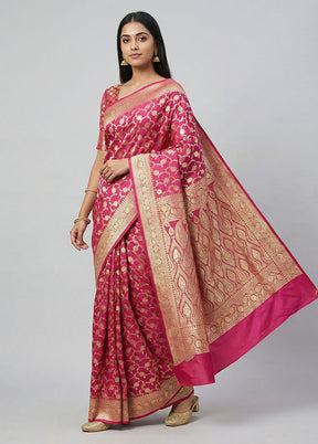 Pink Handloom Banarasi Pure Silk Saree With Blouse Piece