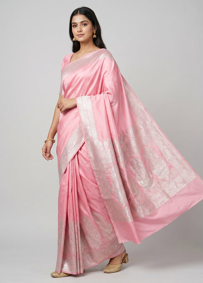 Pink Handloom Banarasi Pure Silk Saree With Blouse Piece
