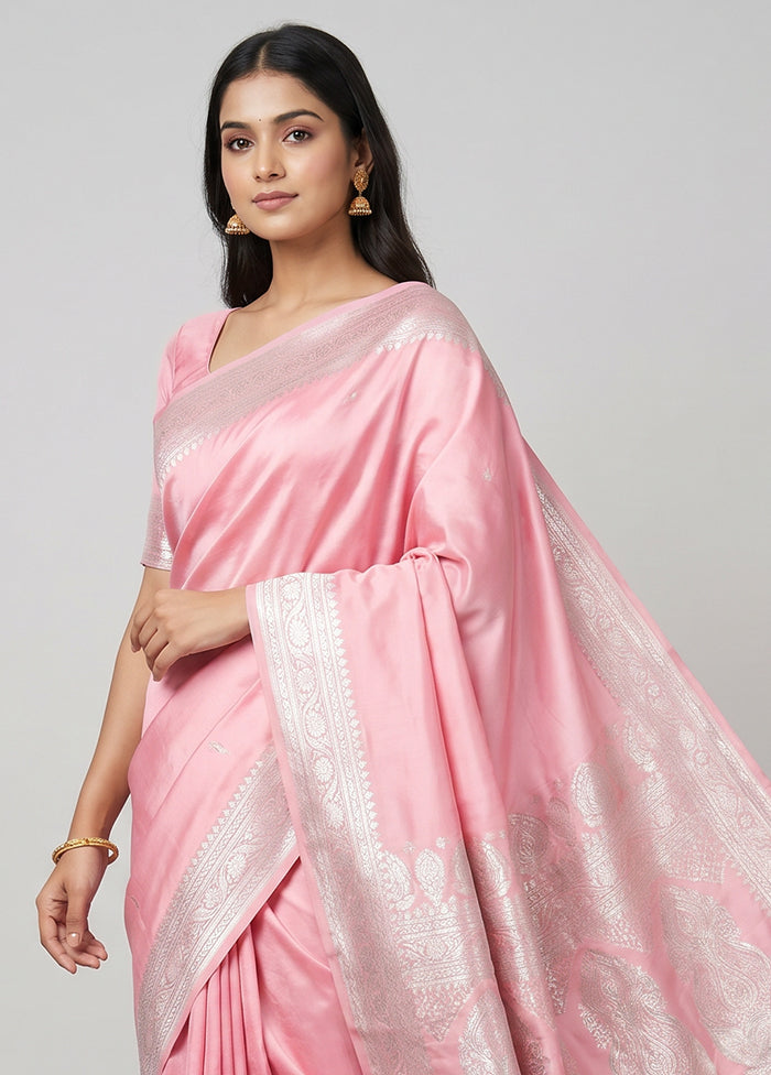 Pink Handloom Banarasi Pure Silk Saree With Blouse Piece