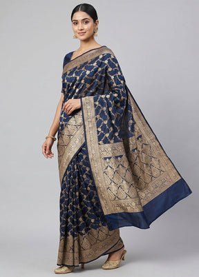 Blue Handloom Banarasi Pure Silk Saree With Blouse Piece