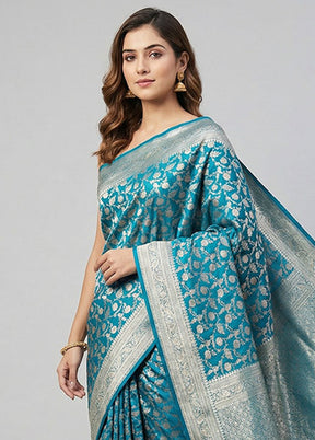 Blue Handloom Banarasi Pure Silk Saree With Blouse Piece