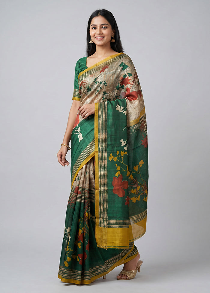 Cream Printed Silk Saree Without Blouse Piece