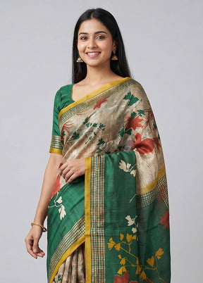 Cream Printed Silk Saree Without Blouse Piece
