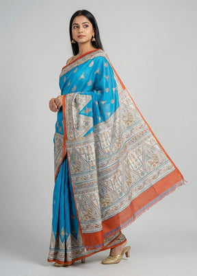 Blue Printed Silk Saree Without Blouse Piece