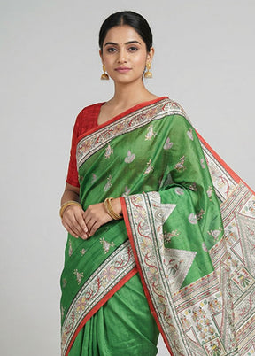 Green Printed Silk Saree Without Blouse Piece