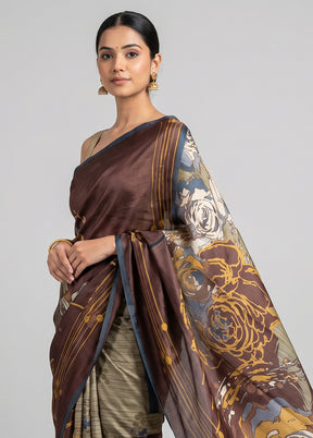 Cream Printed Silk Saree Without Blouse Piece