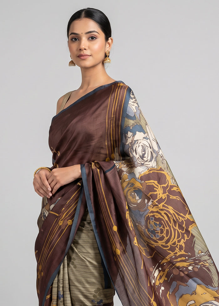 Cream Printed Silk Saree Without Blouse Piece