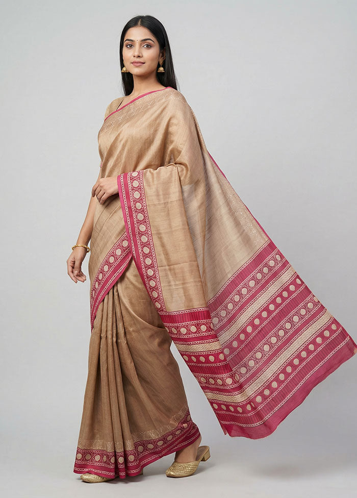 Cream Printed Pure Silk Saree Without Blouse Piece