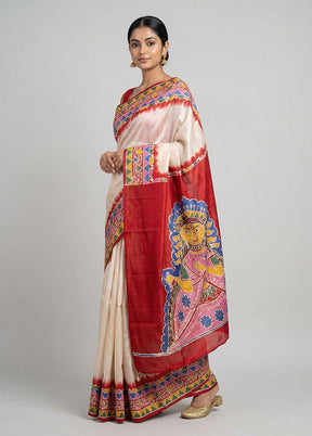 White Printed Silk Saree Without Blouse Piece