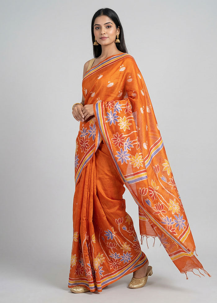 Rust Printed Pure Silk Saree Without Blouse Piece