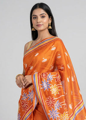 Rust Printed Pure Silk Saree Without Blouse Piece