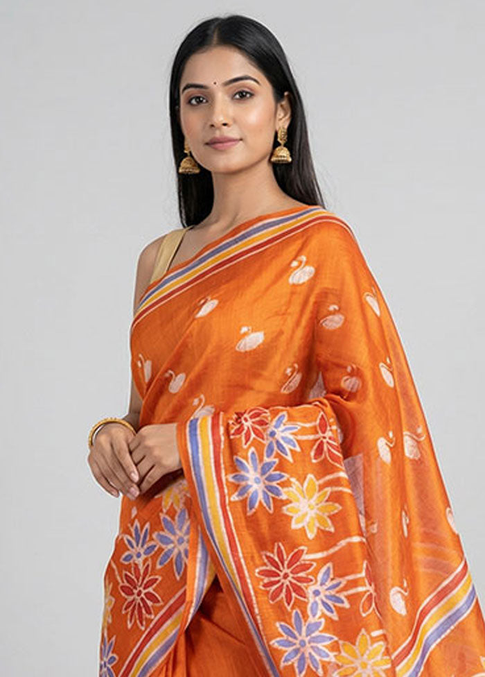 Rust Printed Pure Silk Saree Without Blouse Piece