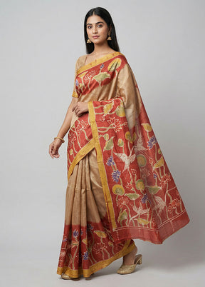 Red Printed Silk Saree Without Blouse Piece