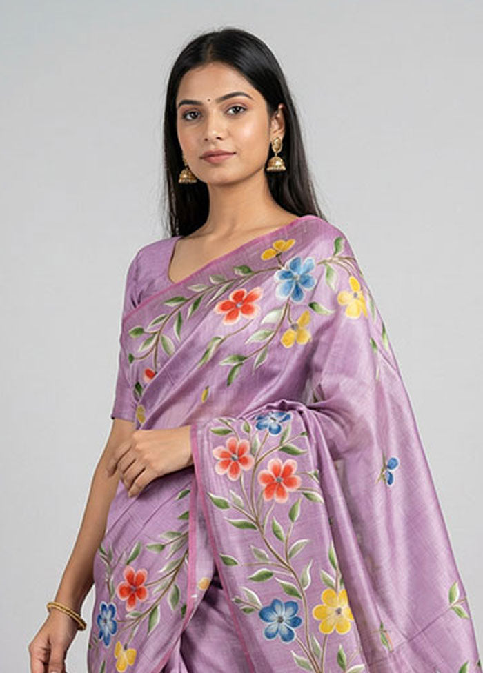 Purple Printed Pure Silk Saree Without Blouse Piece