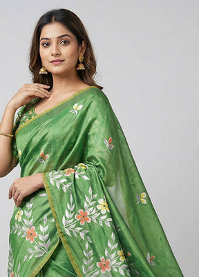 Green Printed Silk Saree Without Blouse Piece