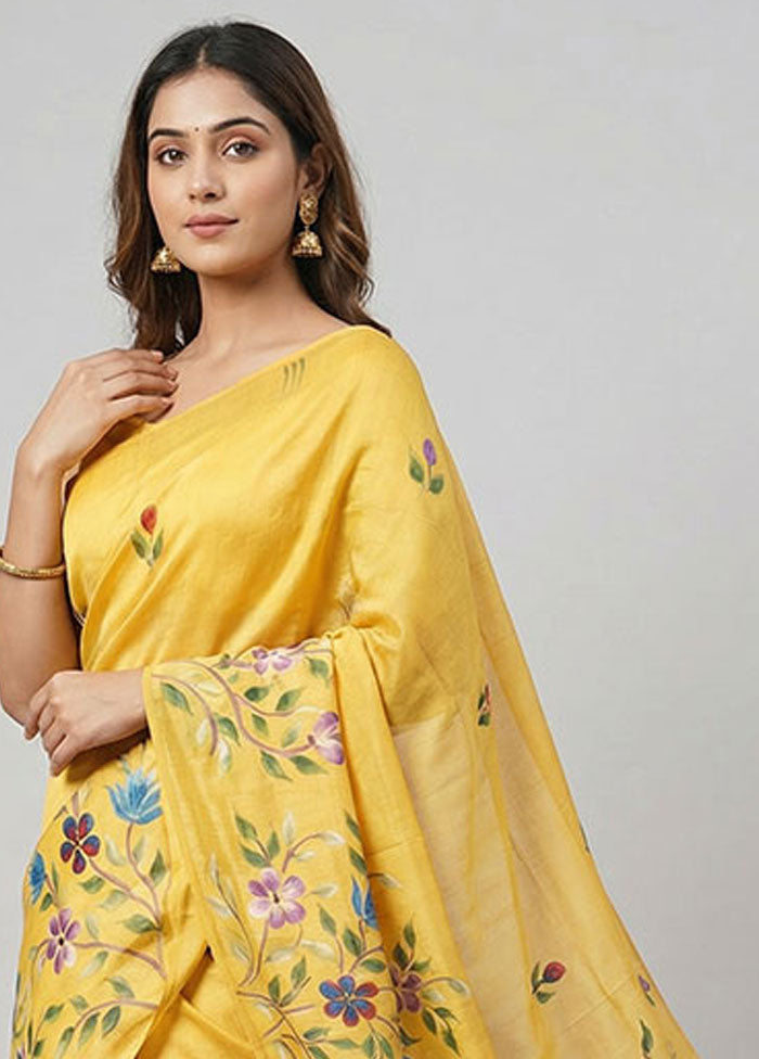 Yellow Printed Pure Silk Saree Without Blouse Piece