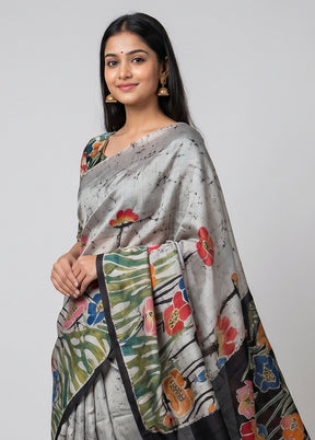 Black Printed Pure Silk Saree Without Blouse Piece