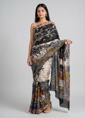Black Printed Pure Silk Saree Without Blouse Piece