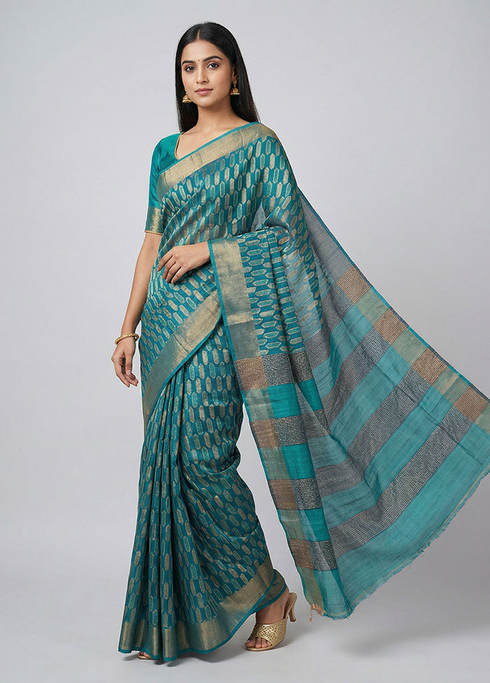 Blue Handloom Tussar Pure Silk Saree With Blouse Piece