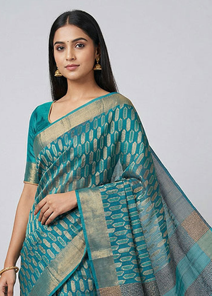 Blue Handloom Tussar Pure Silk Saree With Blouse Piece