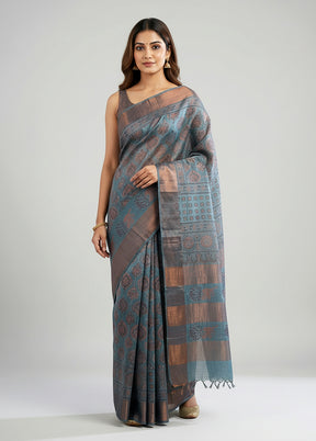 Grey Handloom Tussar Pure Silk Saree With Blouse Piece