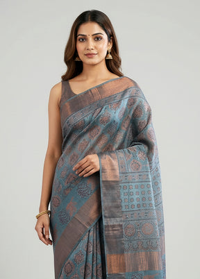 Grey Handloom Tussar Pure Silk Saree With Blouse Piece