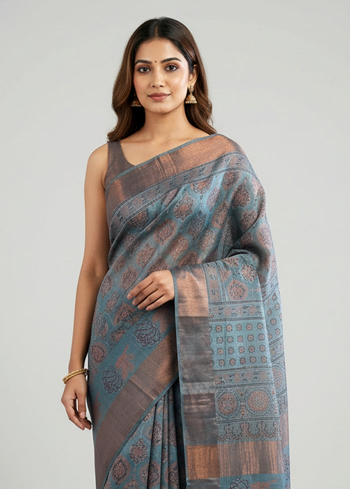 Grey Handloom Tussar Pure Silk Saree With Blouse Piece