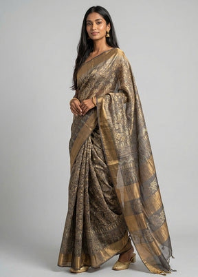 Grey Handloom Tussar Pure Silk Saree With Blouse Piece