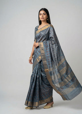 Blue Handloom Tussar Pure Silk Saree With Blouse Piece