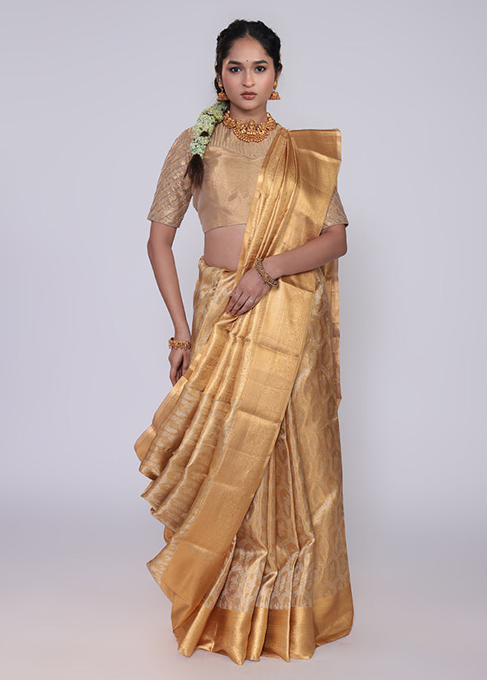 Golden Handloom Kanchipuram Pure Silk Saree With Blouse Piece