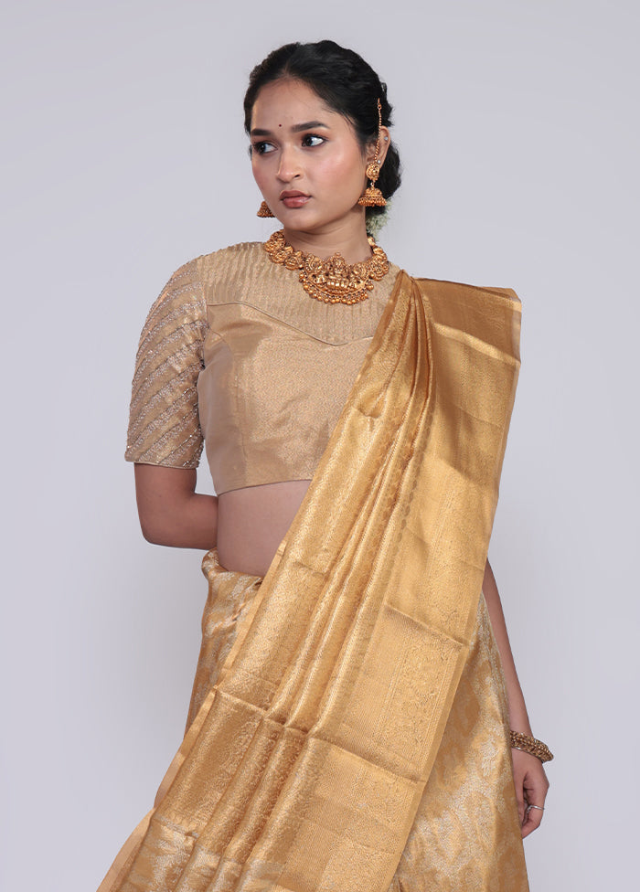 Golden Handloom Kanchipuram Pure Silk Saree With Blouse Piece