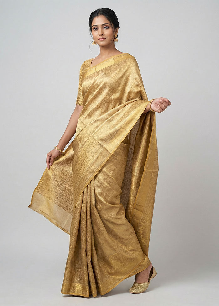 Gold Handloom Kanchipuram Pure Silk Saree With Blouse Piece