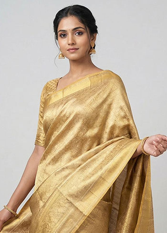 Gold Handloom Kanchipuram Pure Silk Saree With Blouse Piece