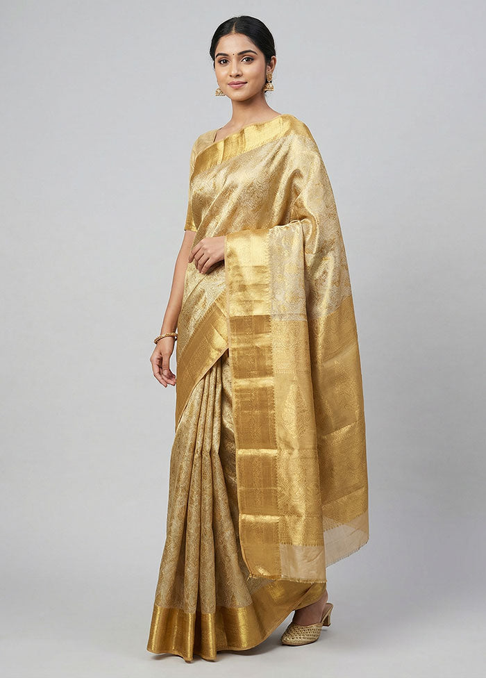 Gold Handloom Kanchipuram Pure Silk Saree With Blouse Piece
