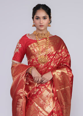 Red Handloom Kanchipuram Pure Silk Saree With Blouse Piece