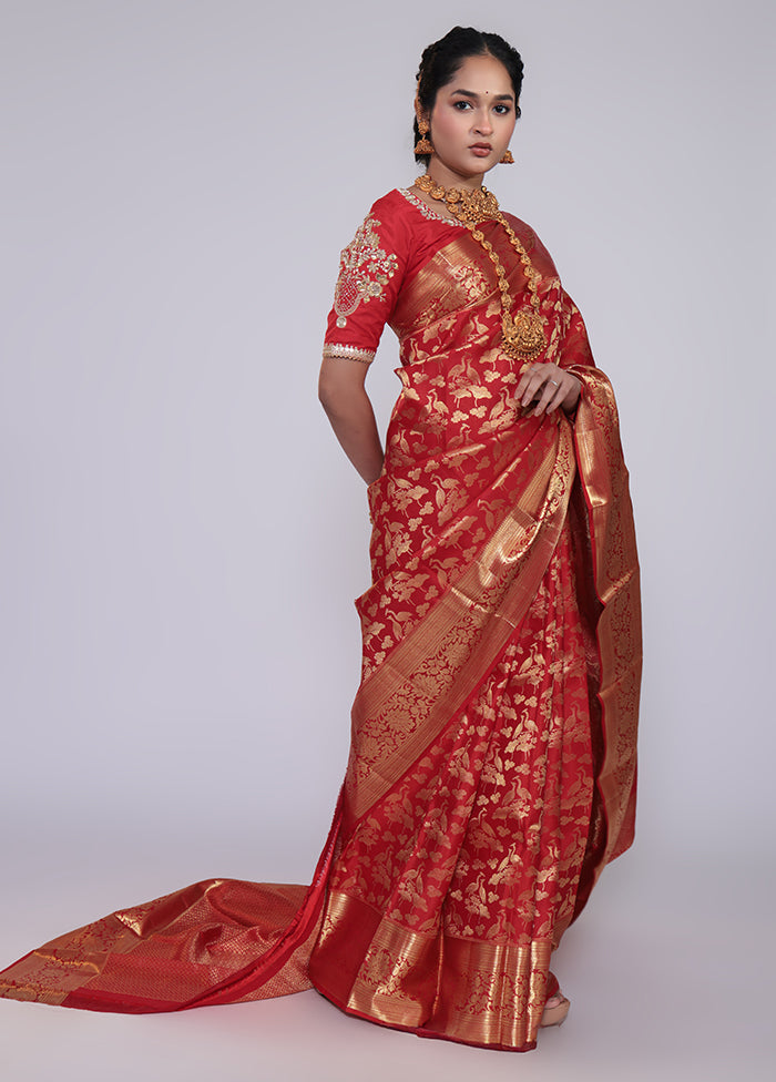 Red Handloom Kanchipuram Pure Silk Saree With Blouse Piece