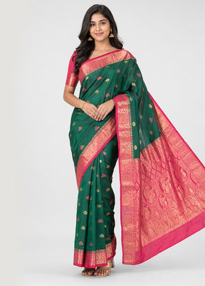 Green Handloom Kanjivaram Pure Silk Saree With Blouse Piece