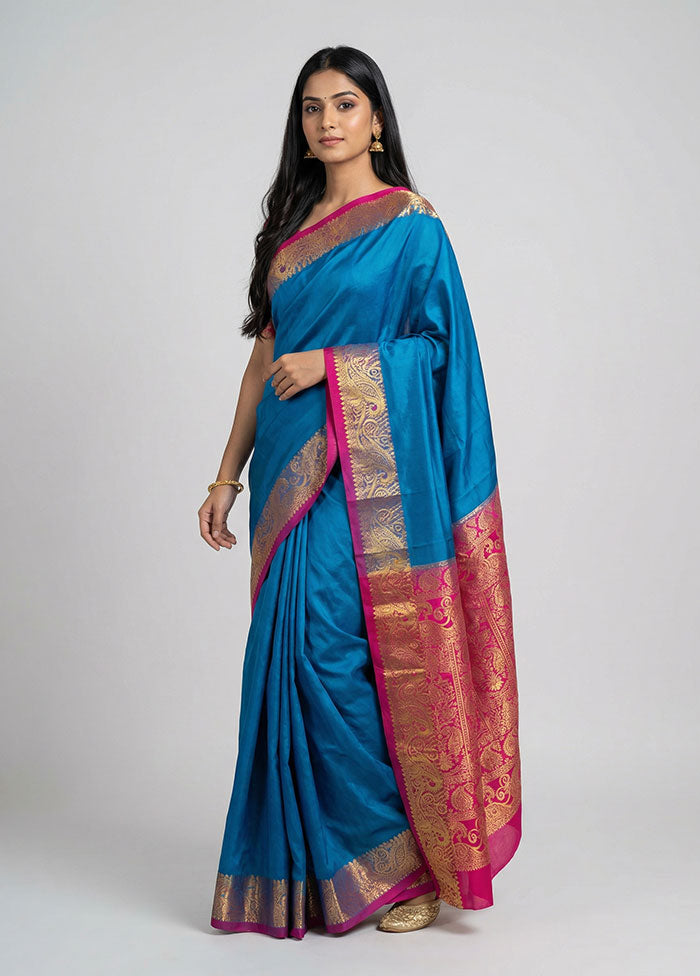 Blue Handloom Kanjivaram Pure Silk Saree With Blouse Piece