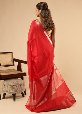 Red Dupion Silk Saree With Blouse Piece