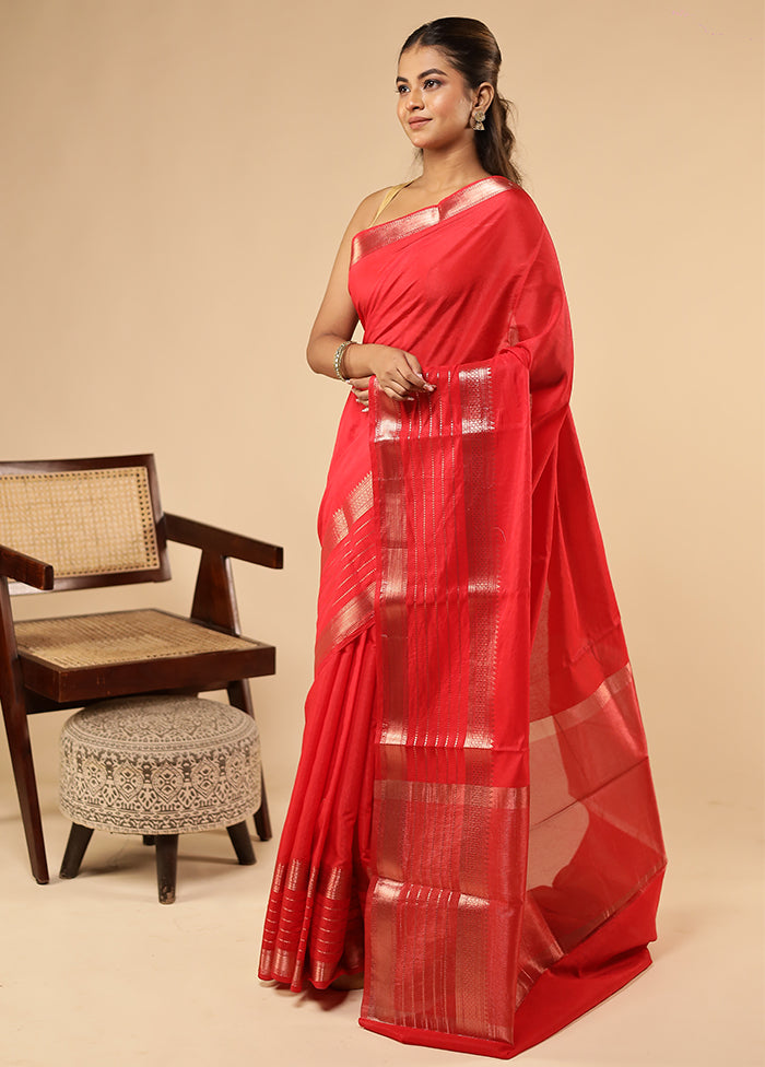Red Dupion Silk Saree With Blouse Piece
