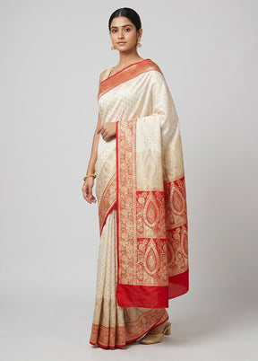 White Banarasi Silk Saree With Blouse Piece