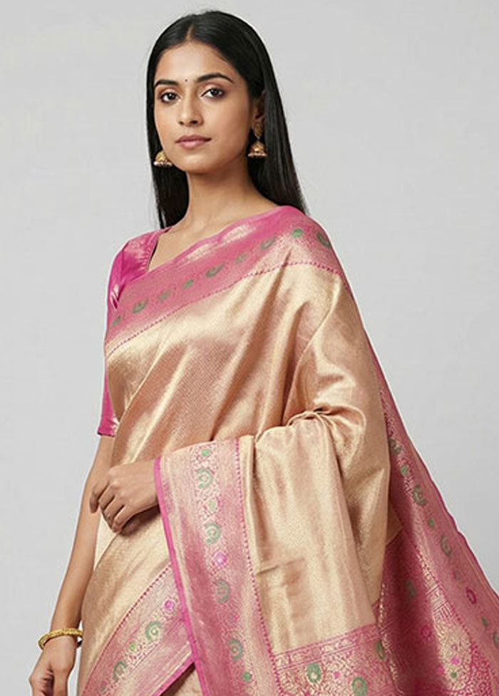 Pink Handloom Kanjivaram Pure Silk Saree With Blouse Piece
