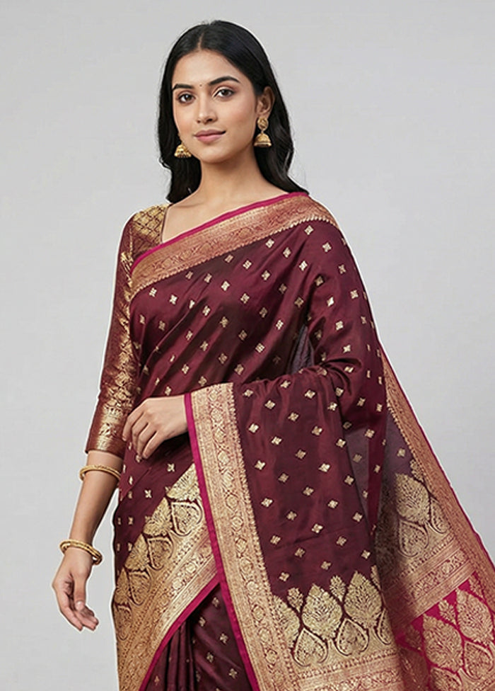 Maroon Banarasi Silk Saree With Blouse Piece