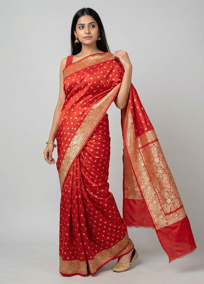 Red Handloom Banarasi Pure Silk Saree With Blouse Piece